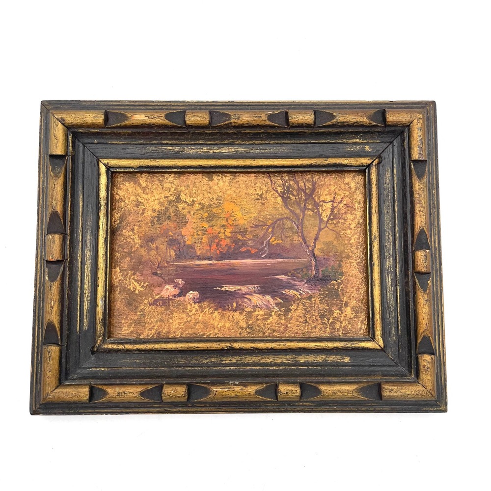 Rust Oil Painting Canvas Texas Artist Landscape Gold Black Ornate Framed Vintage
